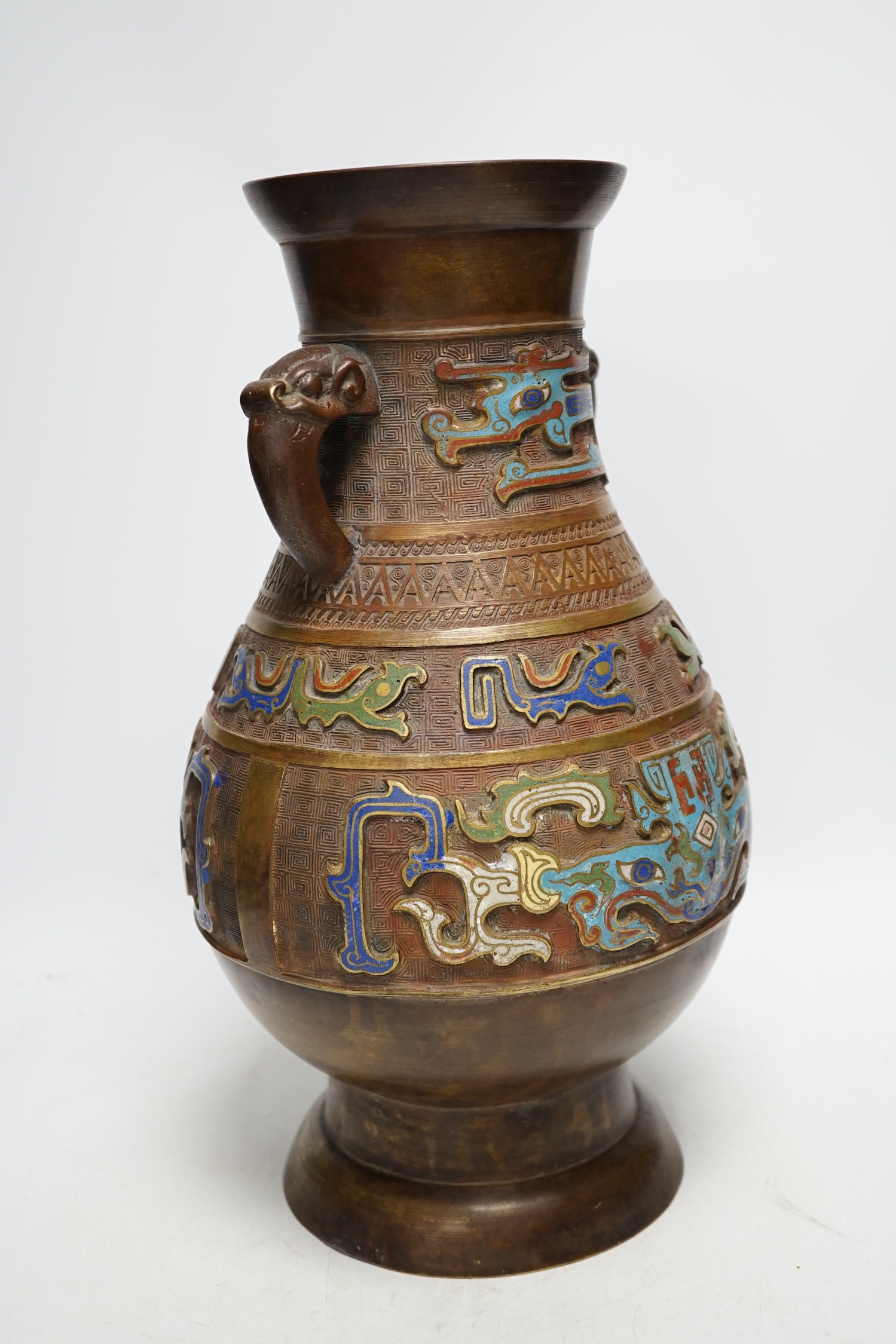 A Japanese bronze and champlevé enamel two handled vase, 40cm high. Condition - fair to good